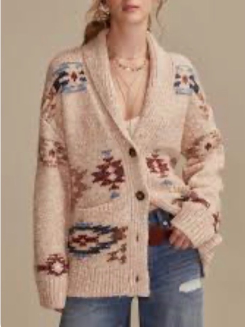 Lucky Brand Blush Shawl Collar Cardigan with Geometric Motif